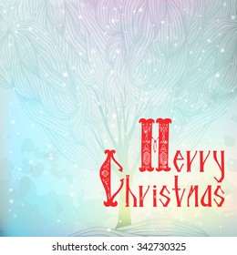 Snow-covered trees in the fairy tale. Greeting card with winter landscape. Merry Christmas lettering. The image can be used as a greeting card, flyer, wallpaper, Promotions, book cover