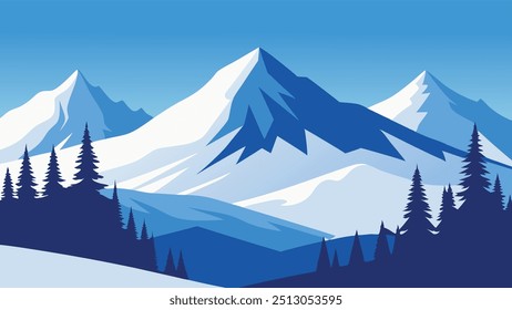 Snow-covered trees stand majestically in the mountains, creating a serene winter landscape under a clear blue sky flat vector illustration.