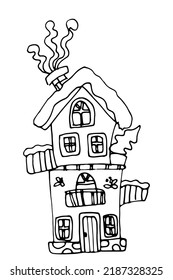 Snow-covered two-storey house in the doodle style hand-drawn. Perhaps this is the home of Santa Claus. Vector black line drawing isolated on white background.