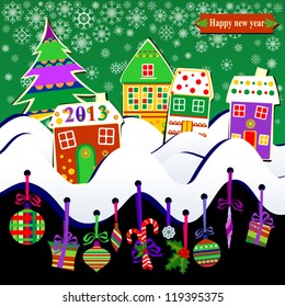 Snow-covered Village, Christmas Theme, Vector Clip-Art Illustration