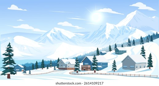 Snow-covered village with houses, pine trees, and majestic mountains in flat graphic style on a blue sky background. Concept of winter landscape. Vector illustration