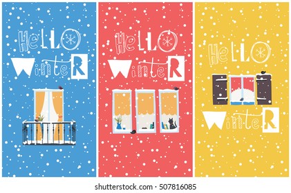 Snow-covered window. Hello Winter postcard