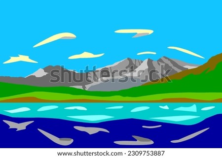 Snowdon range with llynnau mymbyr reflection, poster art style