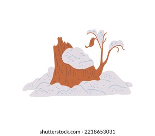 Schneefall um einen Baumstumpf, handgezeichnet, flache Vektorgrafik einzeln auf weißem Hintergrund. Kuttierter Baumstamm im Schnee, kaltes Winterwetterkonzept. Schneefall im Wald oder Wald.
