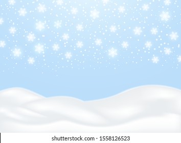 Snowdrift. Frozen lying snow. Falling white snow, snowflakes. Vector winter Christmas illustration blue background.