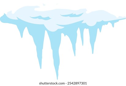 Snowdrift con carámbanos colgando. Derretir la capa de hielo. Decoración de invierno. La nieve y el hielo derritiéndose. Techo helado. Agua congelada. Clima frío. Temporada de invierno. Colores azul y blanco. Aislado en el fondo blanco
