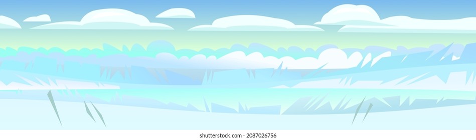 Snowdrift scene. Winter rural landscape with cold white snow and drifts. Beautiful frosty view of countryside hilly plain. Flat design cartoon style. Vector.