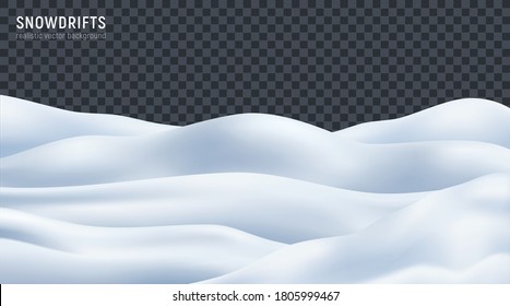 Snowdrift snow mound wavy surface closeup realistic image against dark transparent background vector illustration 