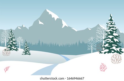 Snowdrifts, Bare Trees And Bushes. Firtrees Covered With Fluffy Snow. Laconic Winter Landscape. Frosty Weather. Path Leading To Deep Pine Woods. Mountains With Snowy Peaks In Background.