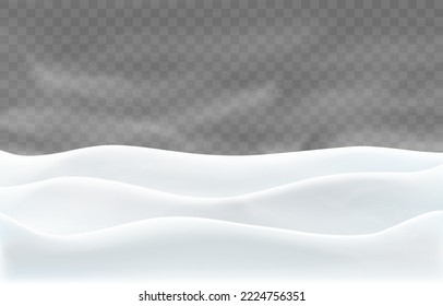 Snowdrifts and blizzard isolated on png background. Snow landscape decoration, heavy blizzard over hills. Christmas vector illustration. Transparent background.