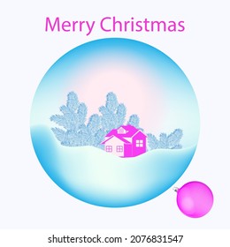 Snowdrifts, country pink house, blue spruce - round icon - vector. Merry Christmas. Sale. Winter vacation.