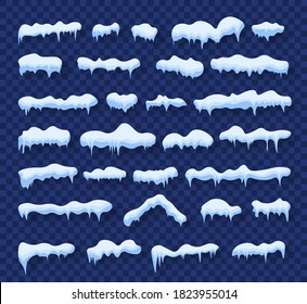 Snowdrifts and icicles, ice cap winter decoration. Snow caps, falling snow. Snowfall with snowflakes. Christmas, New Year frozen ice texture vector illustration. Winter season. Cartoon style. 