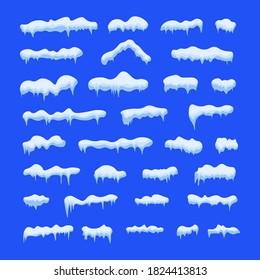 Snowdrifts and icicles, ice cap winter decoration. Snow caps, falling snow. Snowfall with snowflakes. Christmas, New Year frozen ice texture vector illustration. Winter season. Cartoon style. 