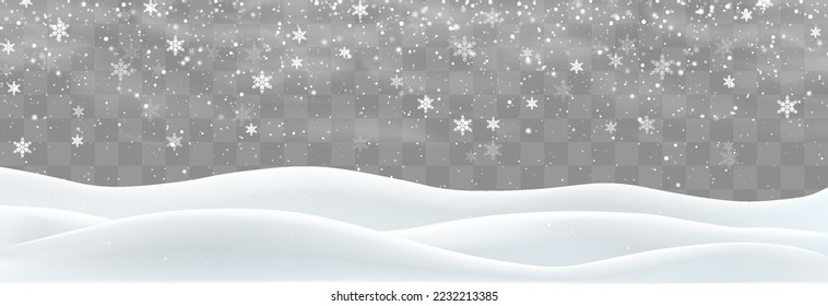 Snowdrifts isolated on png background. Snow landscape decoration, frozen hills. Empty snowbanks field. Christmas vector illustration. Transparent background.