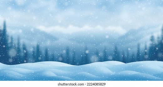 Snowdrifts and snowfall against the backdrop of a blurry winter landscape, bokeh effect