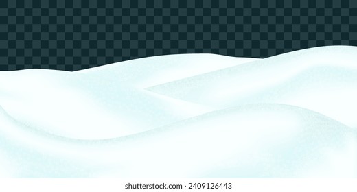 Snowdrifts. Winter realistic landscape. Sparkling fluffy white snowy hills. Realistic 3d vector illustration isolated on transparent background.