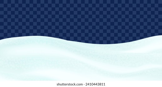 Snowdrifts. Winter realistic landscape. Sparkling fluffy white snowy hills. Realistic 3d vector illustration isolated on transparent background.