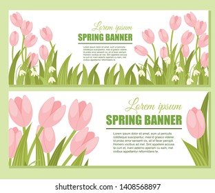 Snowdrop advertising greetings card design. Flat vector illustration. Spring flower, white galanthus. Place for text.