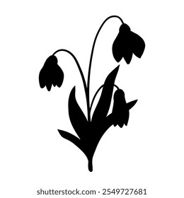 Snowdrop black silhouette isolated on white. Hand drawn single flower in minimal stencil style. Vector clipart for spring flowers and springtime illustration, floral design and print.