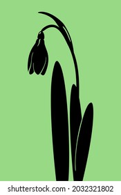 Nevada. Silueta vectorial negra de flor nevada con hojas aisladas en fondo verde.