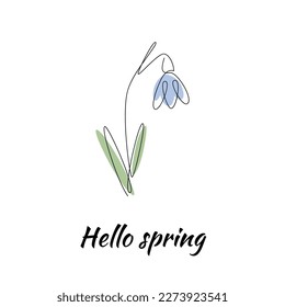 Snowdrop drawn in one continuous line with color spot and text "Hello spring". One line drawing, minimalism. Vector illustration.