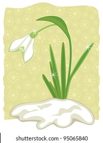 Snowdrop emerged from snow on decorative background