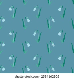Snowdrop flat. Vector seamless pattern on the theme of spring and Easter. Cute illustration for textiles and wrapping paper