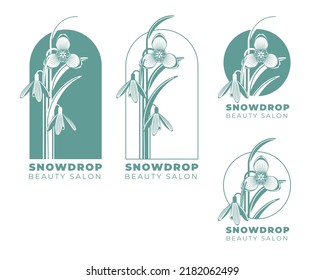 snowdrop floral logo design for boutique, beauty, spa salon, silhouette of female emblem. Different variants of the logo. Vintage Art Nouveau style. Vector flat illustration