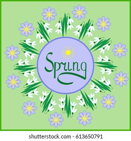 Snowdrop flower in circle. Illustration floret on white background. Cute delicate sign symbol spring. Colorful template for prints, textiles, wrapping, wallpaper. Design element. Vector illustration