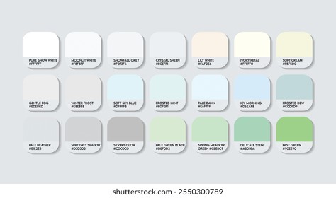 Paleta de cor da flor de Snowdrop, Paleta de guia de cor da flor de Snowdrop com nomes de cores. Catálogo Amostras de cores Galanthus com códigos RGB HEX. cor branca de azulejo fluxo, moda tendência pastel Cor tons