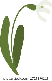 Flor de gota de neve com sino caído, haste longa e folhas largas em formas de desenhos animados limpos. Símbolo de primavera, renovação, pureza e esperança. Ilustração de vetor de desenhos animados.