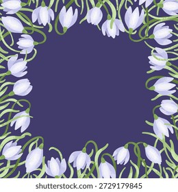 Moldura de flor de gota de neve com espaço de cópia. Ilustração de vetor plano em cores azul pastel e verde, textura desenhada à mão em fundo escuro. Perfeito para cartões de saudação de primavera, design de casamento, convites, papelaria