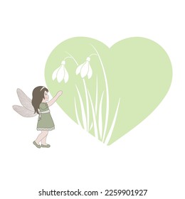 snowdrop flower inside green heart and little fairy