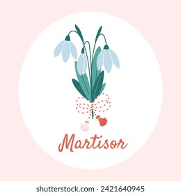 Snowdrop flower with Martisor talisman. Traditional accessory for holiday of early spring in Romania and Moldova. Vector illustration in flat style