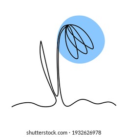 Una línea de arte continua es el crecimiento de la flor nevada. Flor floreciente en el concepto de protección ambiental. Ilustración vectorial para el Día de la Tierra. La primavera está llegando. La personificación de la primavera