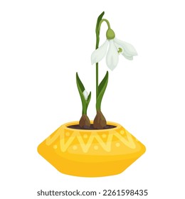 Snowdrop in flower pot.Cartoon vector graphic.