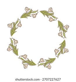 Snowdrop flower wreath in flat style. Perfect for spring card design, nature art, botanical and elegant decorative element isolated on white background.