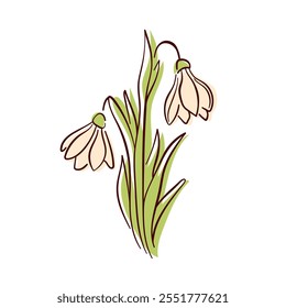 Snowdrop flower with yellow petals and green leaves in flat style. Perfect for spring design, nature art, botanical project and elegant decorative element. Isolated on white background.