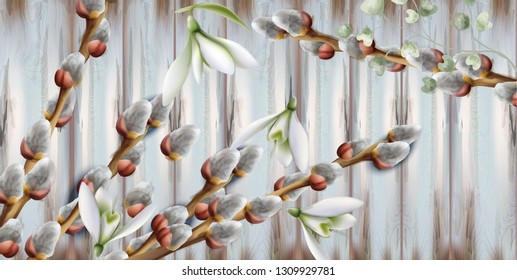 Snowdrop flowers and buds Vector background. Beautiful spring revival cards