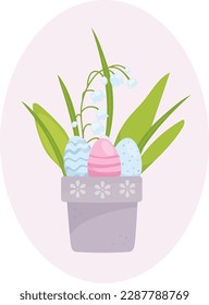 Snowdrop flowers and Easter eggs in a flower pot, Easter spring illustration