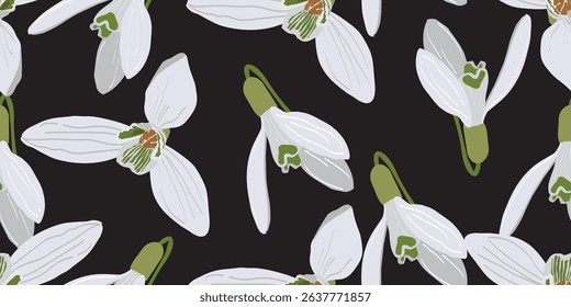 Snowdrop flowers pattern.Hand drawn flowers, seamless patterns with floral for fabric, textiles, clothing, wrapping paper, cover, banner, home decor, abstract backgrounds. Vector illustration. 