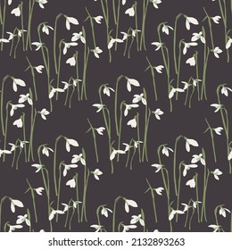 Snowdrop flowers seamless vector pattern. Distressed white Chamomile flowers on black background. Trendy for prints, fabric, invitation cards, wedding decoration, wallpapers, wall murals