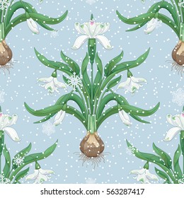 Snowdrop flowers. Snowfall on backdrop. Seamless vector background 