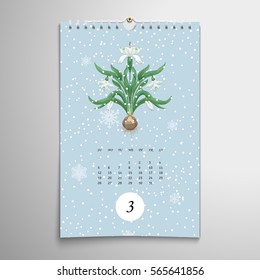 Snowdrop flowers. Snowfall on backdrop. Vector illustration. Spiral calendar. Realistic shadows.