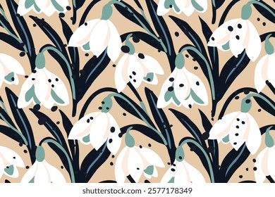 Snowdrop flowers  trendy minimalistic background. Floral background. 