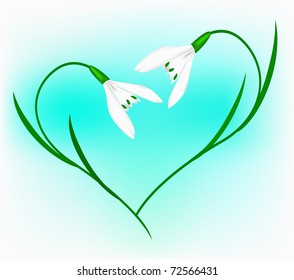 Snowdrop in the form of heart on a blue background