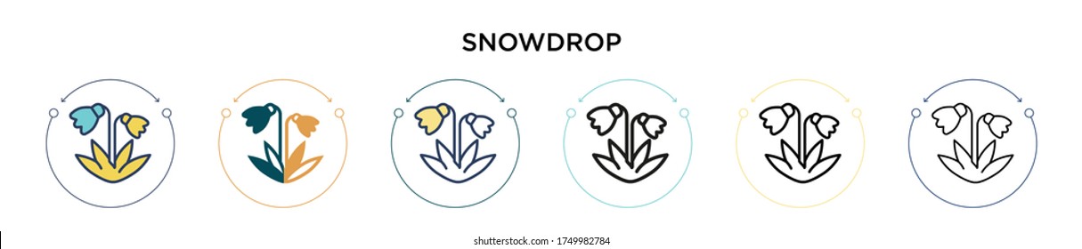 Snowdrop icon in filled, thin line, outline and stroke style. Vector illustration of two colored and black snowdrop vector icons designs can be used for mobile, ui, web