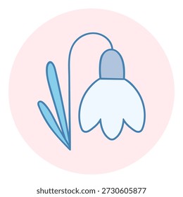 Snowdrop-Symbol in rosafarbenem Kreis flacher Vektor, minimalistisches Frühlingsblumen-Abzeichen, rundes botanisches Symbol