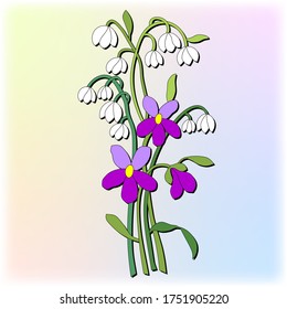 Snowdrop magenta, purple, white galanthus vector flowers leaves, set, pattern for embroidery on a belt, tape or tie, for traditional folk costume for the holiday, for lady, postcard printing