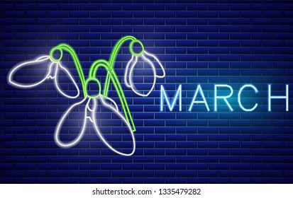 Snowdrop neon sign Vector. Spring design element. Night bright neon sign. colorful board. Glowing banner. Floral template calendar illustration
